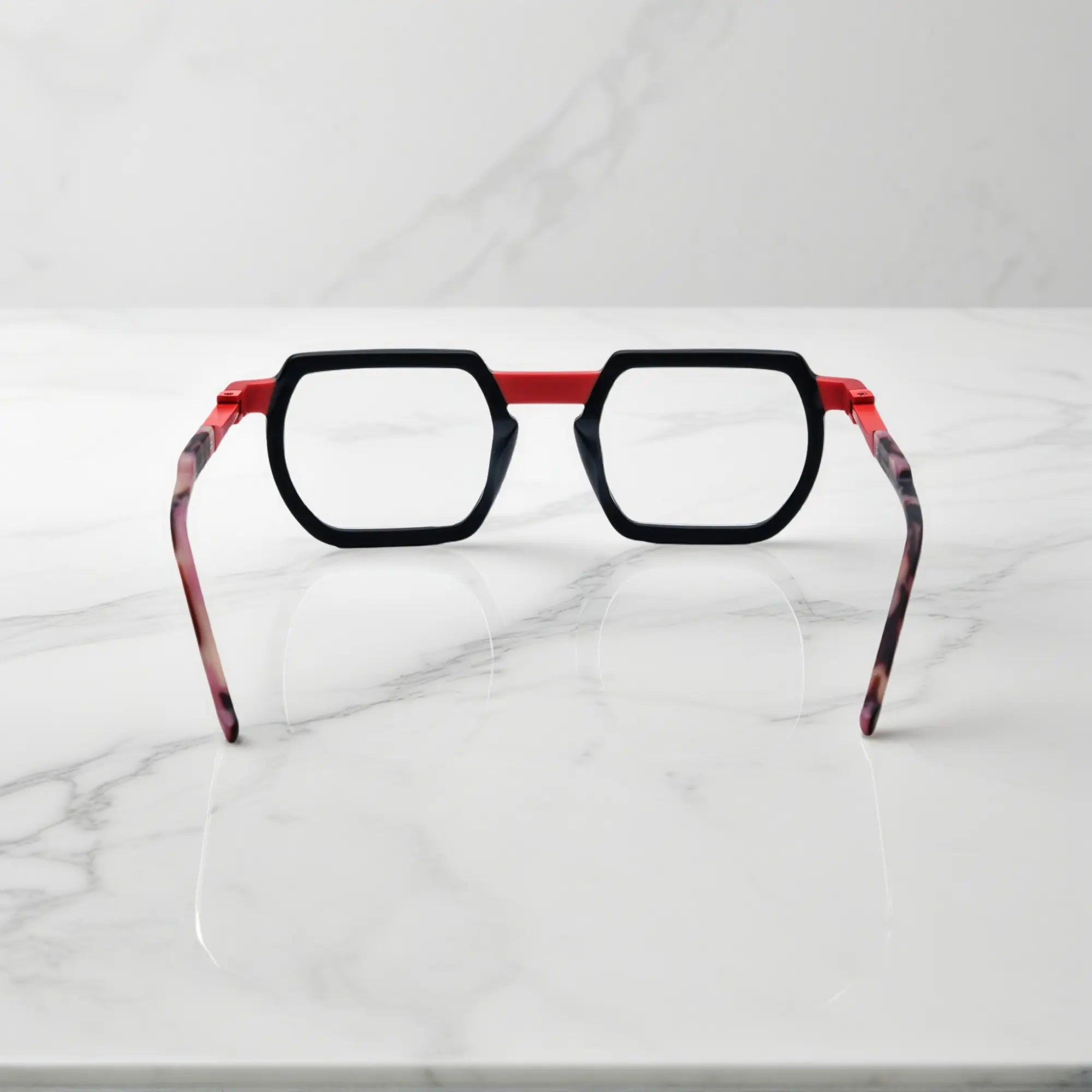 Rear view showing solid acetate construction of Crimson Noir fashion eyeglasses